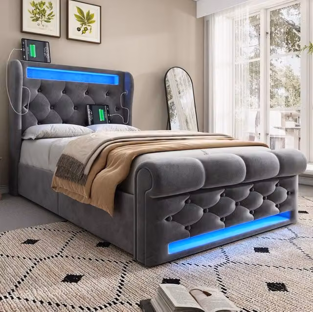 Letto imbottito 90x200 cm con contenitore; LED e ricarica USB Type C in velluto grigio