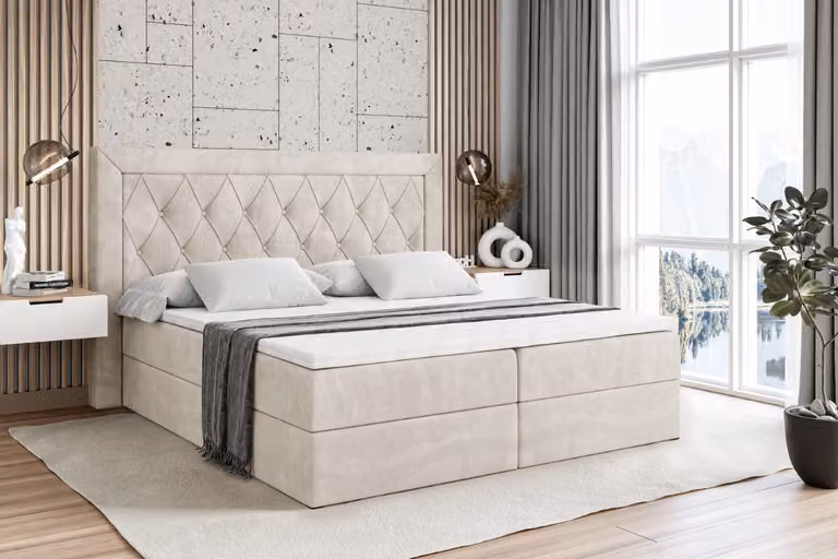 Letto boxspring ALTDECOR con materasso (altezza 20 cm) e topper (altezza 4 cm), letto imbottito con testiera e contenitore - NOEL - 200x200 - H3 / velluto color taupe