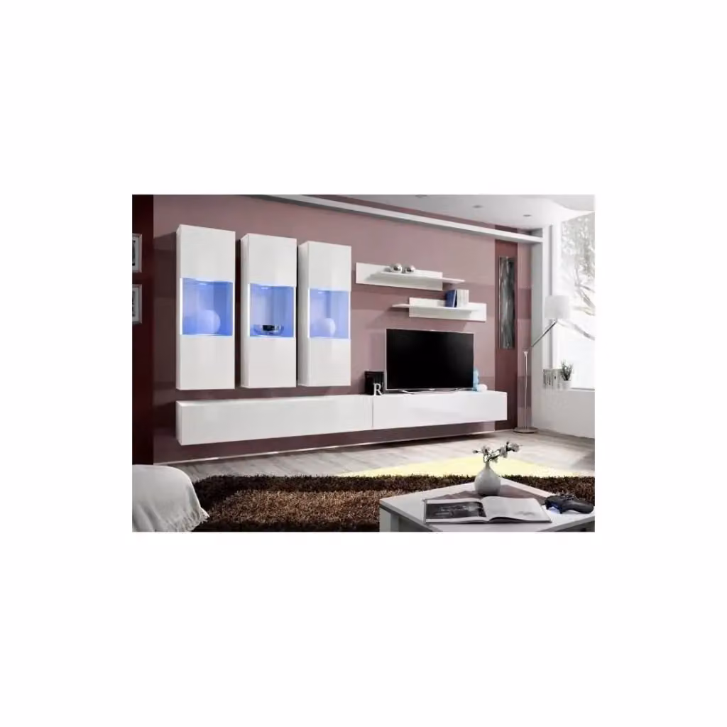 Composizione murale FLY E2 Meublorama Bianco lucido – Mobile TV sospeso con colonne vetrate LED e mensole – L: 266 cm, H: 160 cm, P: 40 cm – 2