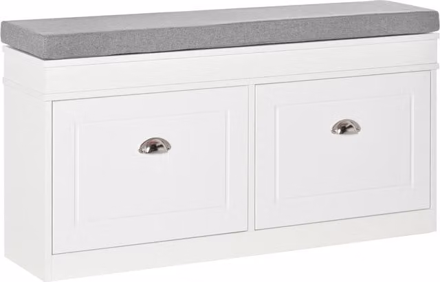 Panca scarpiera da ingresso HOMCOM in legno bianco con cuscino, 2 cassetti e mensola regolabile, L 104 x P 24 x H 55 cm