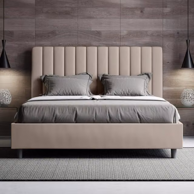 Letto imbottito Letto Matrimoniale alla Francese 150x190 cm Agueda - Similpelle,Senza rete,Tortora