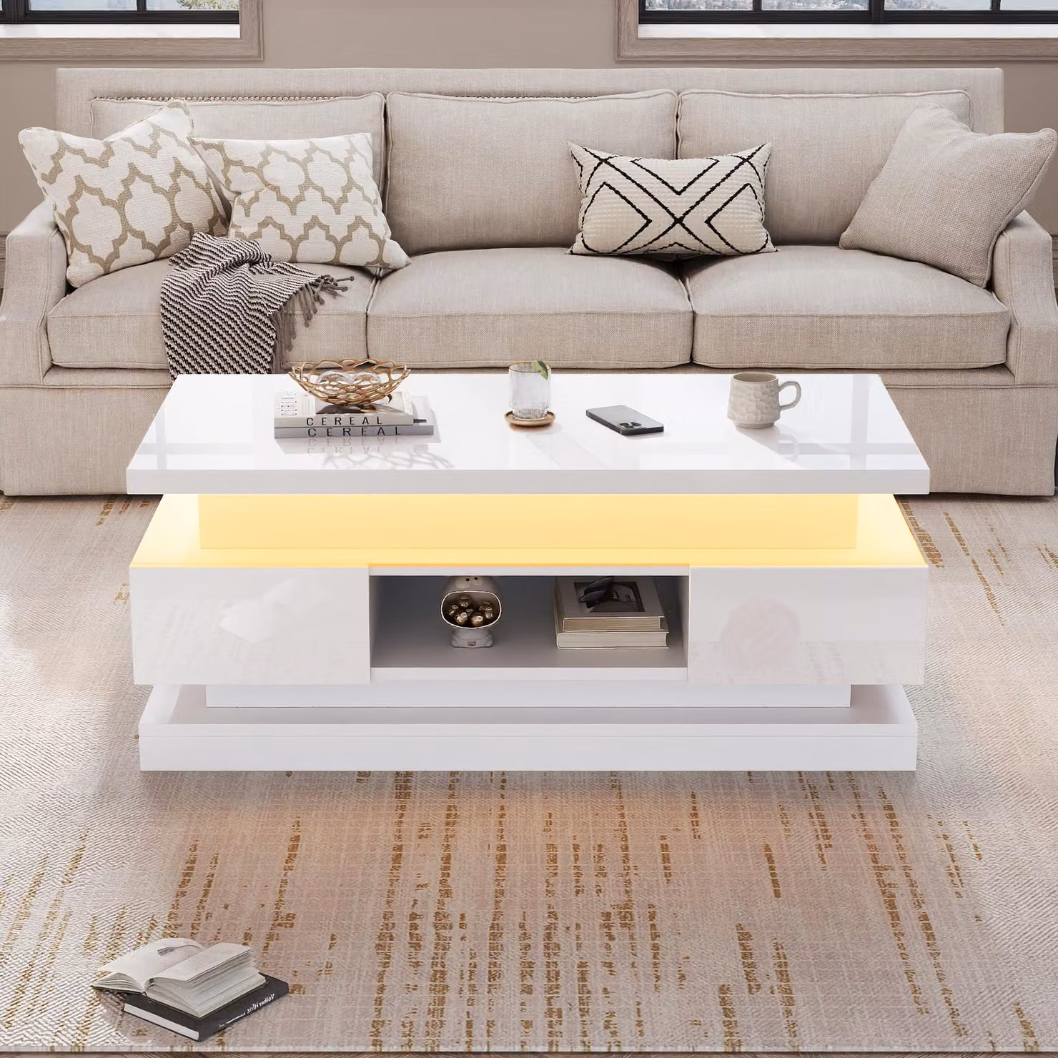 Tavolino da divano, dimensioni 100 x 50 x 40 cm, realizzato in pannello di particelle al 100%, colore bianco, con altezza regolabile, dotato di 2 cassetti, vano contenitore nascosto e illuminazione a LED