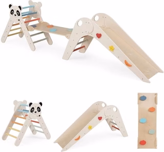 Set triangolo arrampicata Montessori pieghevole a tema panda con scivolo, rampe e scala in legno, Beige, L 120 cm x P 65,5 cm x H 72,5 cm