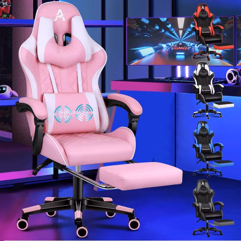 Sedia da gaming ergonomica con poggiapiedi - Rosa - Fino a 180 kg