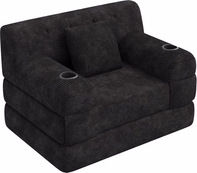 Poltrona letto 1 posto 107x80x81 cm in velluto a coste con portabevande; nera