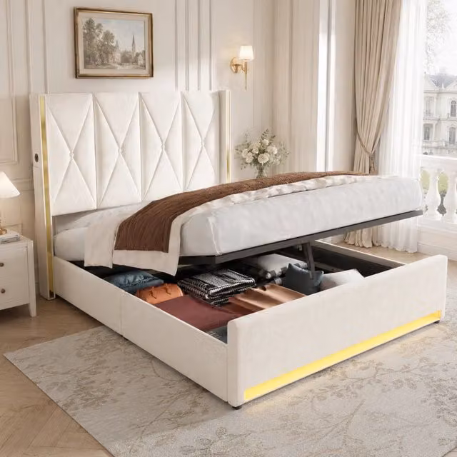 Letto in velluto con testiera alta, USB, LED e contenitore, 160x200 cm