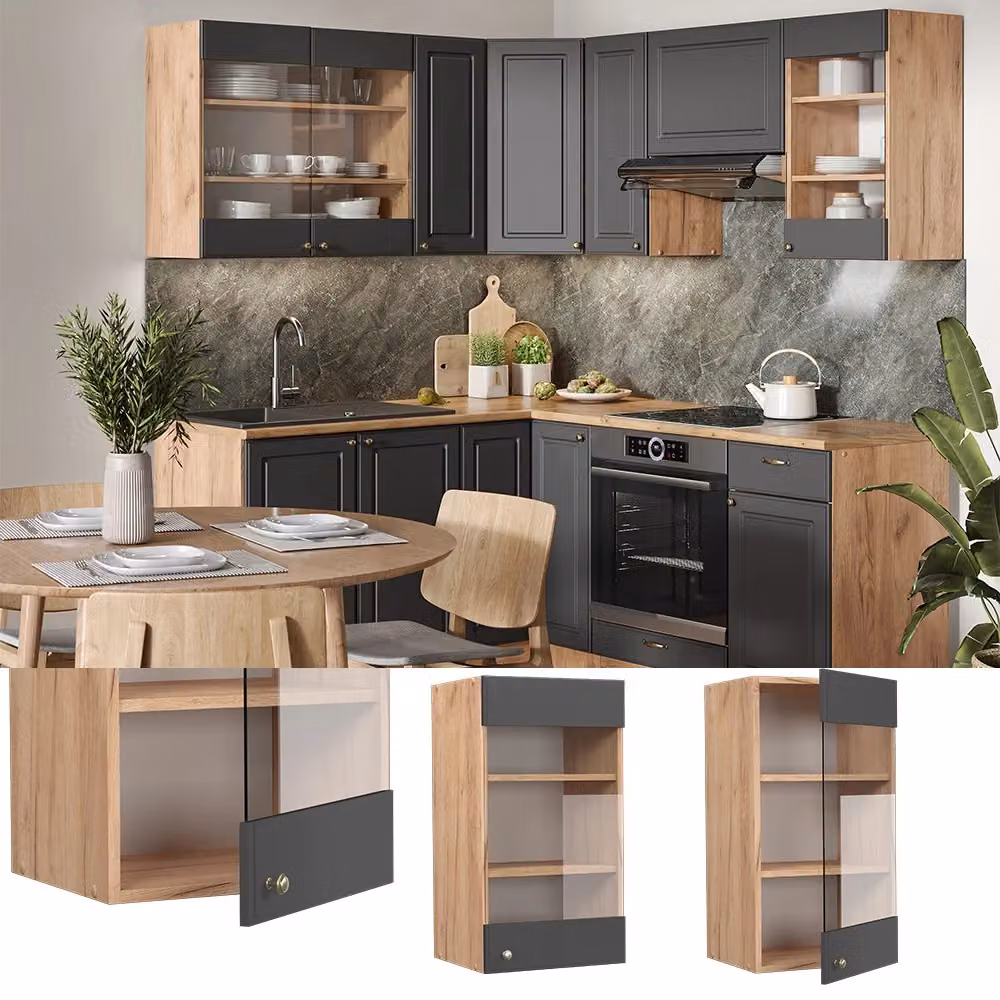 Pensile da cucina Vicco Fame-Line con ante in vetro, Antracite e Rovere dorato, L: 40 cm – 2