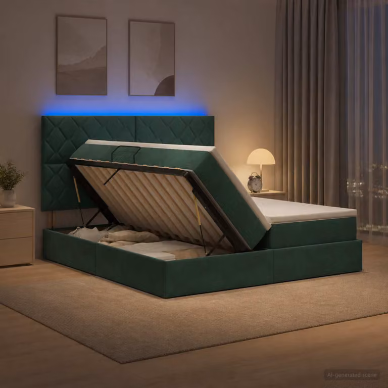 Letto con contenitore e materasso ibrido vidaXL in velluto verde con illuminazione LED e porta USB, L/P/H: 200 x 200 x 140 cm