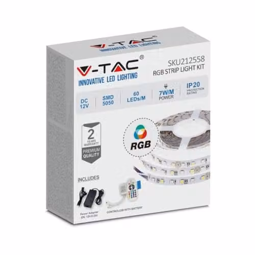 Kit per Strip LED SMD5050 10W/m Bobina 5m 60 LED/m con Telecomando e Alimentatore RGB Dimmerabile IP20
