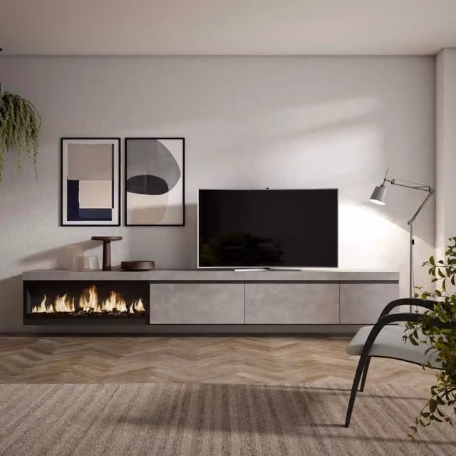 Mobile TV Soggiorno, 317x35x45cm, Camino elettrico XXL, da appendere, grigio cemento RF3667