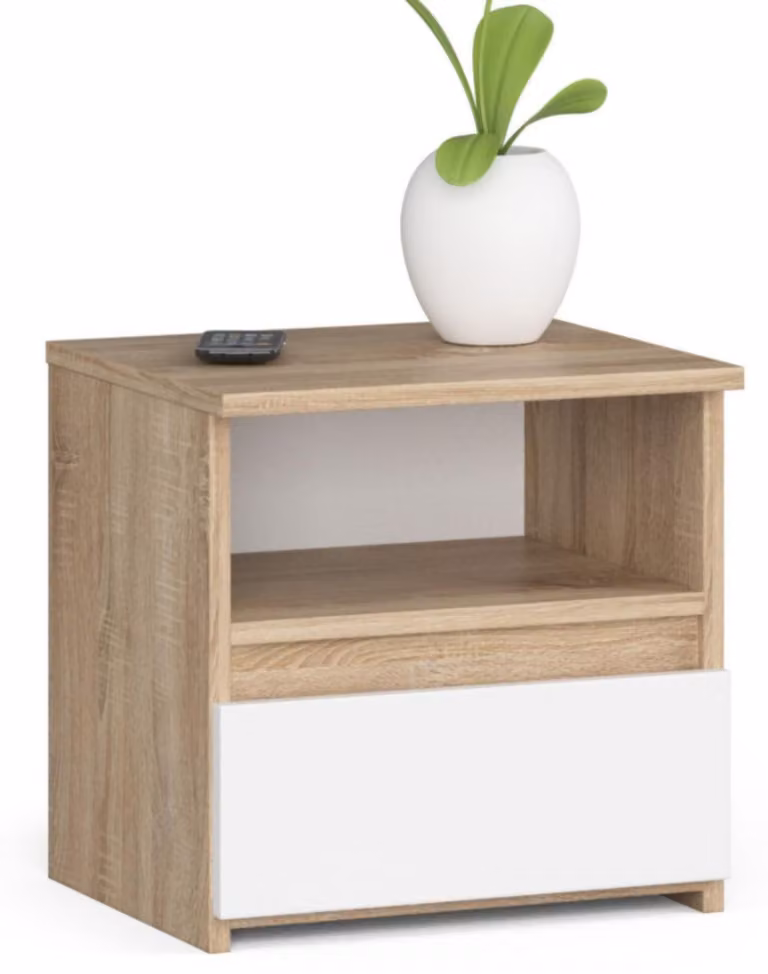 Comodino con 1 cassetto. Organizzatore per comodino. Comodino con cassetti, 40 cm di larghezza, 40 cm di altezza. Mobile contenitore in legno, finitura sonoma-bianco. Mobiletto a parete, mobile basso, armadietto stretto