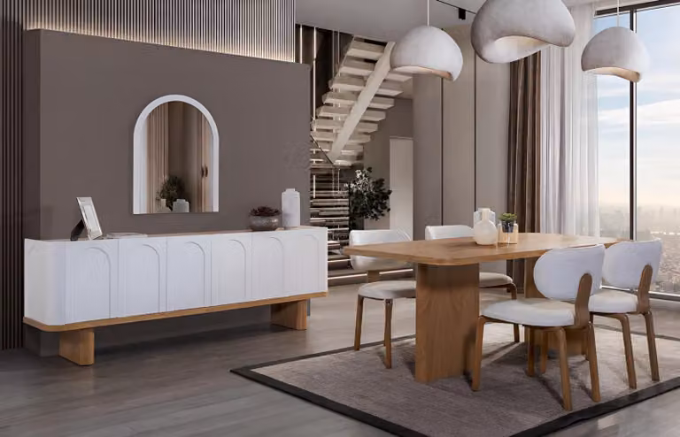 Set da pranzo bianco e marrone: elegante tavolo da pranzo, sedie imbottite, credenza