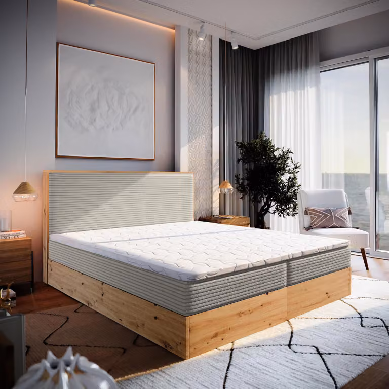 Letto a molle insacchettate Masseno VERDON 140x200 cm completo di materasso e topper Bonell, letto imbottito con cassettiera -Beige, LINCOLN 83