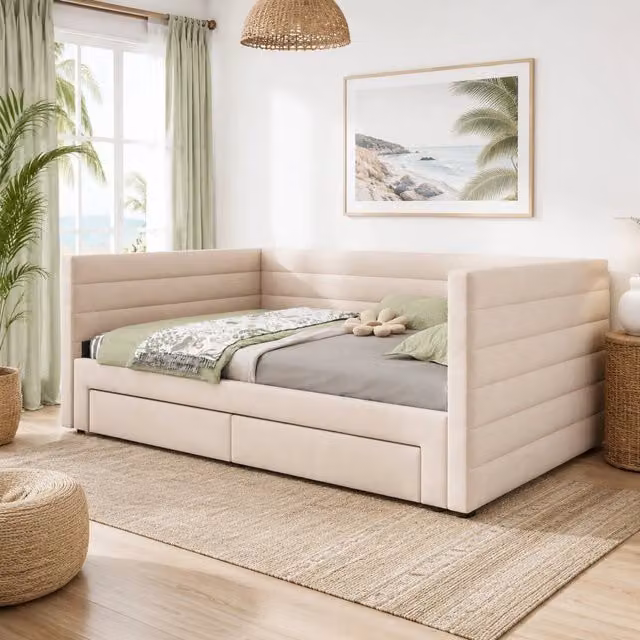 Letto imbottito 3 in 1 estraibile 90x190 cm con 2 cassetti; beige