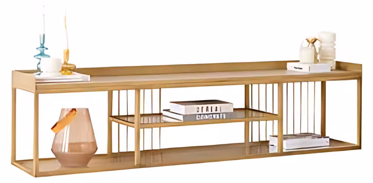 Elegantes TV-Lowboard Holz offenen Fächern und Metallrahmen