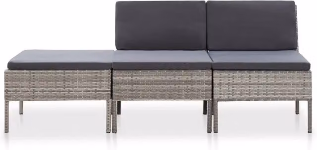 Set Salotto da Giardino Moderno con Divano a 2 Posti e Ottoman in Rattan Grigio Antracite con Cuscini Inclusi