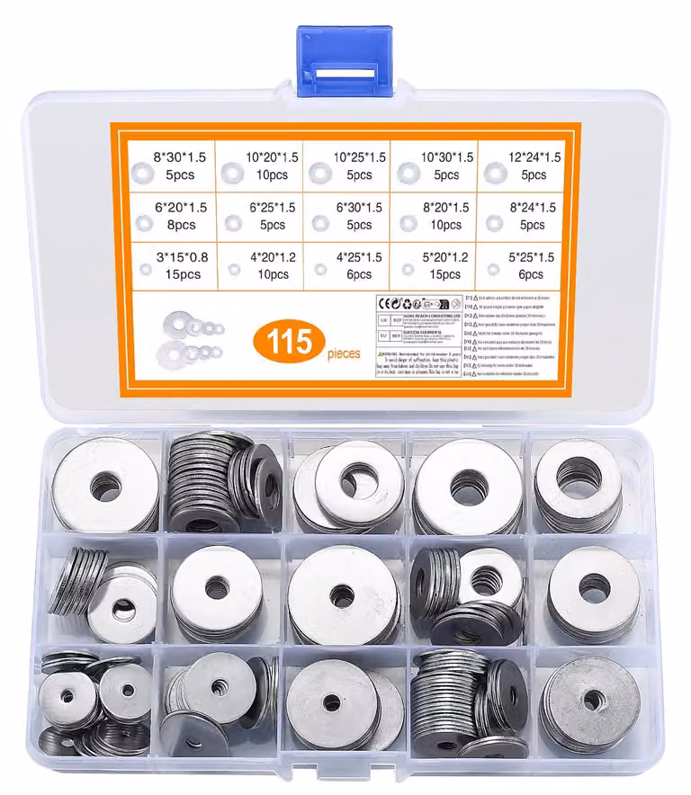 Set di rondelle piatte di grandi dimensioni - 115 pezzi di dischi in acciaio inossidabile - assortimento di 15 misure, da M3 a M12