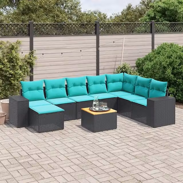 Set Divani da Giardino 9 pz con Cuscini Nero in Polyrattan 3225581