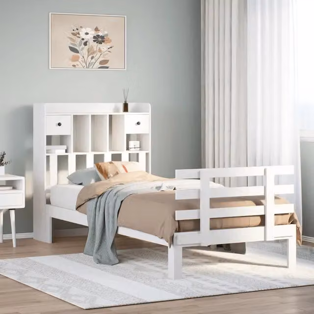 Letto con Libreria e Cassetti in Legno di Pino Bianco Stile Rustico VIDAXL L/P/H: 190 x 75 x 110 cm