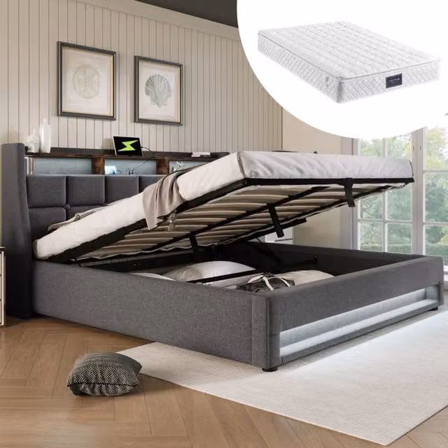 Letto imbottito 160x200 cm con LED; USB e contenitore; rivestimento in lino grigio