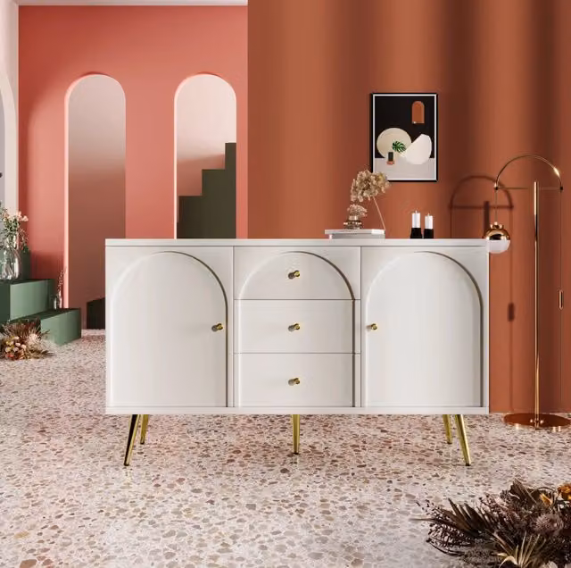 Credenza 140x40x84 cm con 2 ante; 3 cassetti e ripiano regolabile in legno e metallo bianco crema