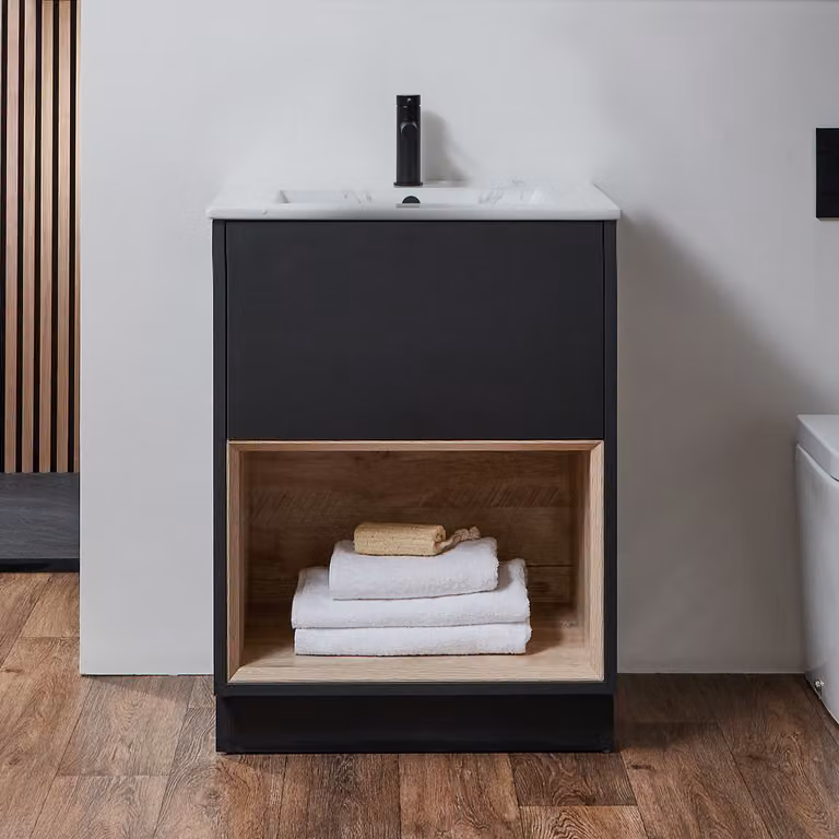 Mobile Bagno Con Ripiano Aperto Grigio Nero 612mm - Lavabo Effetto Marmo