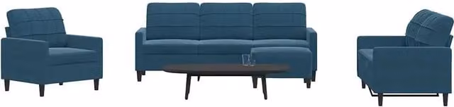 Set di divani moderno vidaXL in velluto blu composto da divano a 3 posti, divano a 2 posti, pouf e cuscini con struttura in metallo