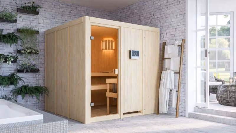 Sauna Woodfeeling Oulu (ingresso anteriore), porta a tutto vetro, bronzata, riscaldatore 9 kWa controllo esterno semplice