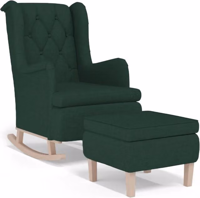Poltrona con Gambe a Dondolo | Sedia Relax e Sgabello Verde Scuro in Tessuto