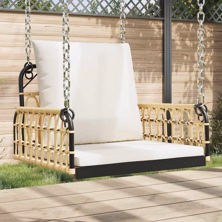 Sedia a dondolo vidaXL in rattan e metallo con cuscini per giardino, disponibile in bianco, nero o marrone, L: 63 cm, P: 58 cm, H: 39 cm