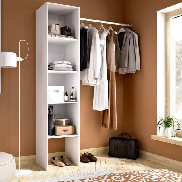 Armadio DMORA moderno in legno bianco con appendiabiti e ripiani interni, L: 185.5 cm, P: 40.2 cm, H: 185.5 cm – 1