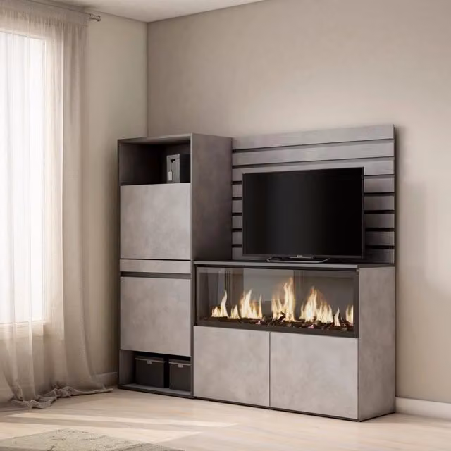 Credenza, 167x35x145cm, Camera da letto, Camino elettrico XXL, Scarpiera, grigio cemento RF3391