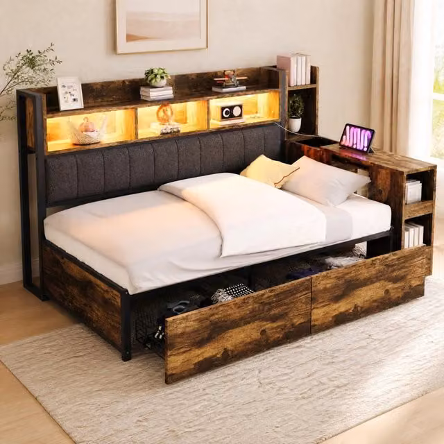 Letto multifunzione 90x200 cm con scrivania estraibile; prese integrate e contenitori; legno naturale