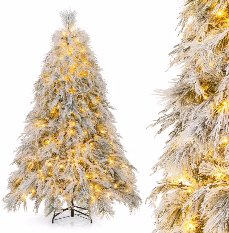 COSTWAY Albero di Natale artificiale con neve, albero di Natale con luci LED bianche calde e 519 punte di rami, albero di Natale con supporto in metallo, albero artificiale per decorazioni festive per interni ed esterni (180cm)