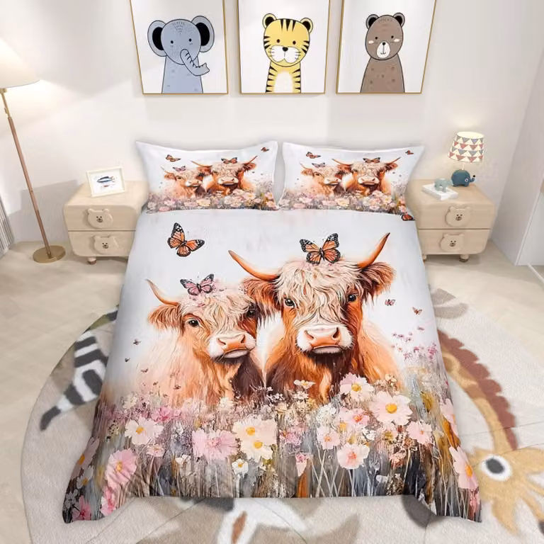 Omgoods - Set di lenzuola con copripiumino a tema Highland Cattle, per bambini e adulti