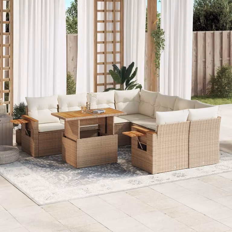 vidaXL Set Divano da Giardino a L in Polyrattan Beige con 9 Pezzi e Cuscini Imbottiti
