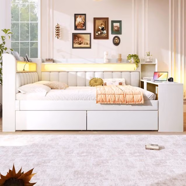 Letto imbottito 140x200 cm con LED; USB; scrivania e 2 cassetti in MDF e compensato bianco