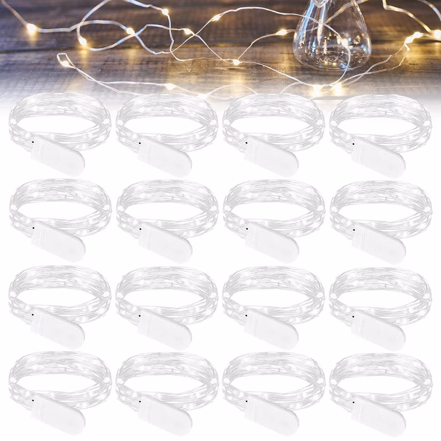 Catena luminosa a LED mini, 16 pezzi, bianca, 2 metri, 20 LED, alimentata a batteria