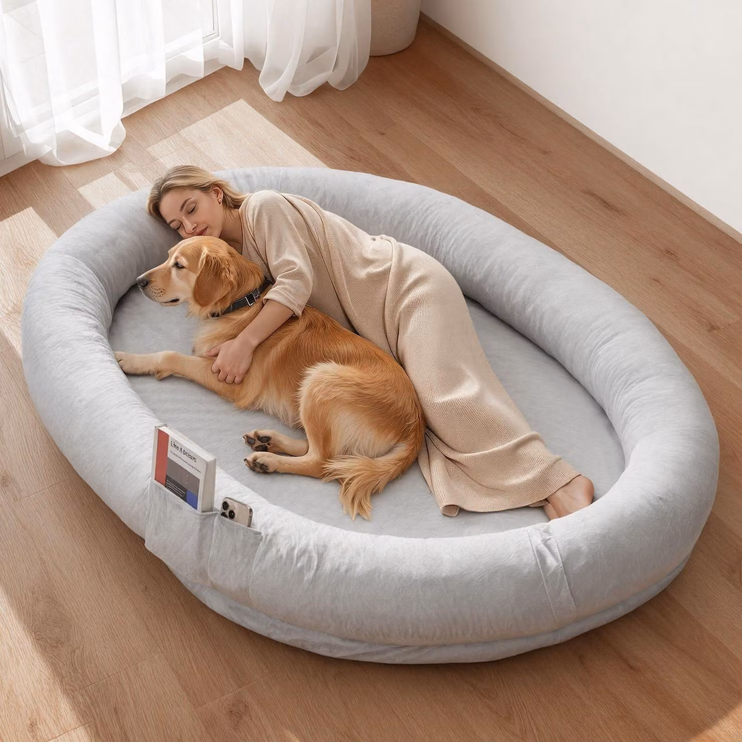 Letto per cani e persone - Schiuma viscoelastica - 178 x 120 x 24 cm - Rivestimento sfoderabile con cerniera, lavabile in lavatrice - Dimensioni per persone - Con tasca laterale e maniglia per il trasporto - Grigio
