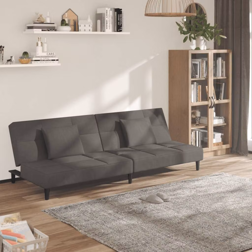 vidaXL Divano Letto Click-Clack a 2 Posti in Velluto Grigio con Cuscini e Struttura in Legno Solido