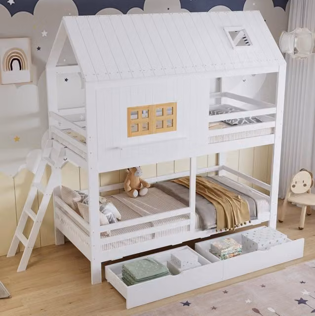 Letto a castello 90x200 cm bianco e naturale in legno con 2 cassetti