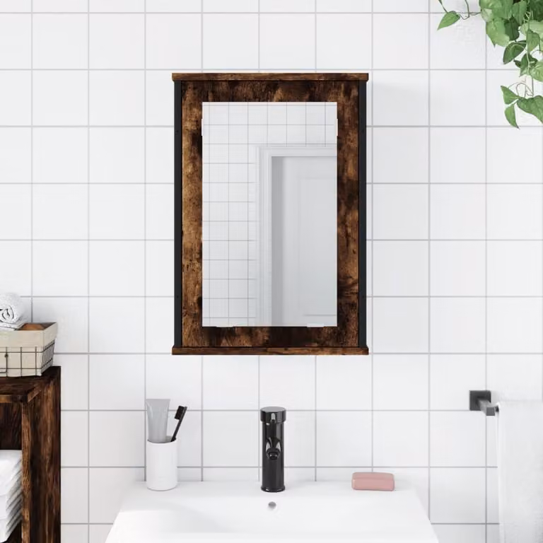 Mobiletto da bagno con specchio, finitura noce fumo
