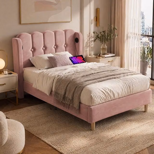 Letto singolo 90x200 cm rosa in velluto, testiera con USB Tipo C, senza materasso