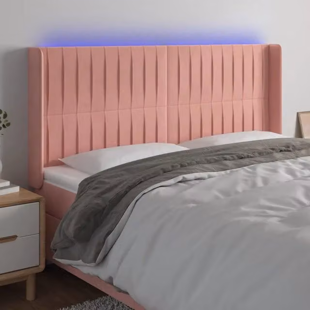 Testiera con LED Design Mania in Velluto Rosa con Porte USB L/P/H: 183 x 16 x 118/128 cm – 1
