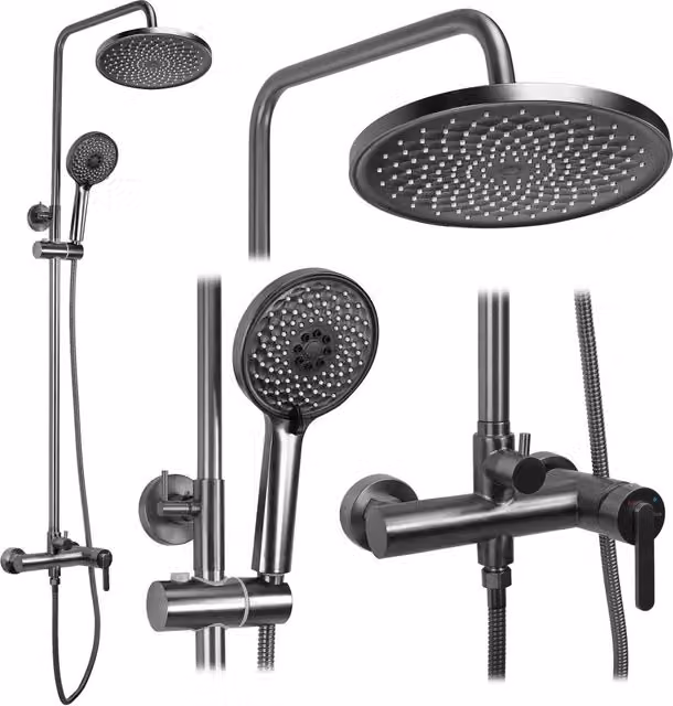 Set Doccia Rea Ontario Titan con Soffione Rain e Doccino, Installazione Esterna, Colore Antracite e Ottone Spazzolato