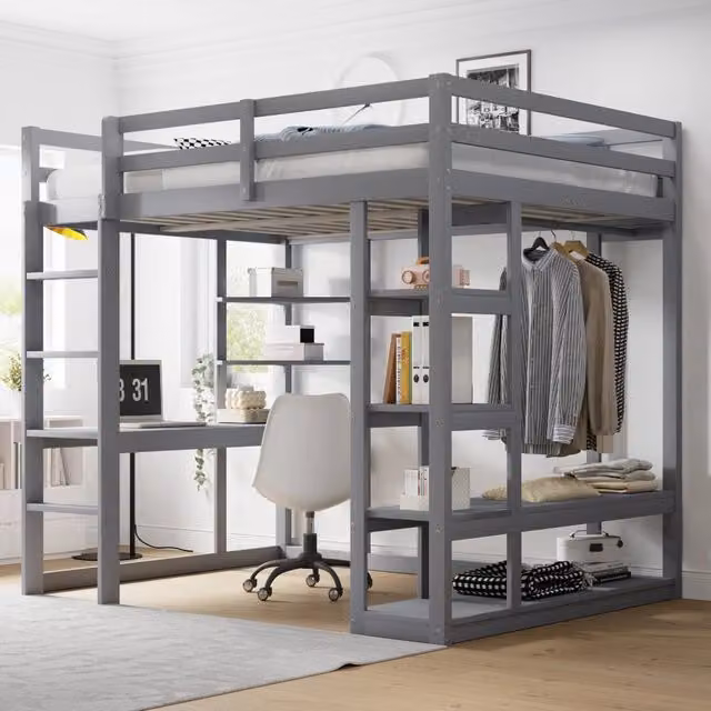 Letto a Castello Alto con Scrivania, Scaffali e Appendiabiti in Legno e MDF Grigio, L/P/H: 140 x 200 x 205 cm