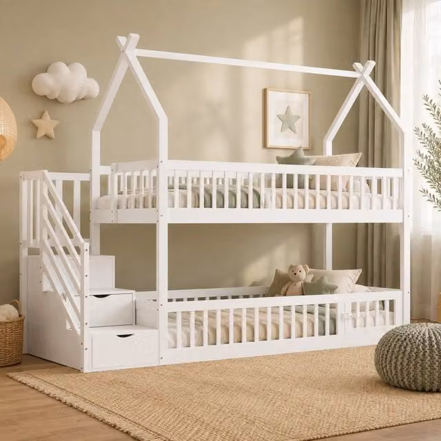 Letto a castello per bambini 90x200 in legno massello; con tetto; scala e cassetti; bianco