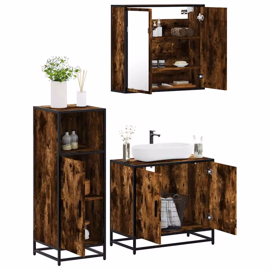 Set di mobili da bagno vidaXL in stile industriale composto da 3 pezzi in legno rovere e metallo, colore marrone