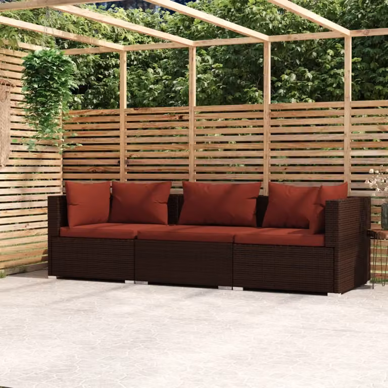 The Living Store Divano a 3 posti con cuscini in poly rattan marrone