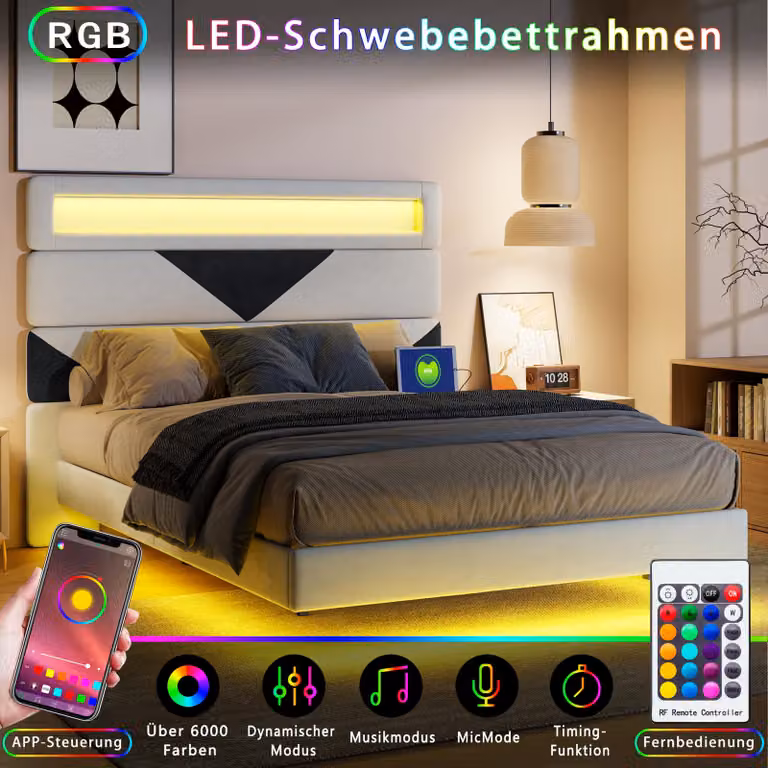 160x200 cm - Connessione USB di tipo C - Illuminazione LED integrata - Tessuto velluto, colore bianco